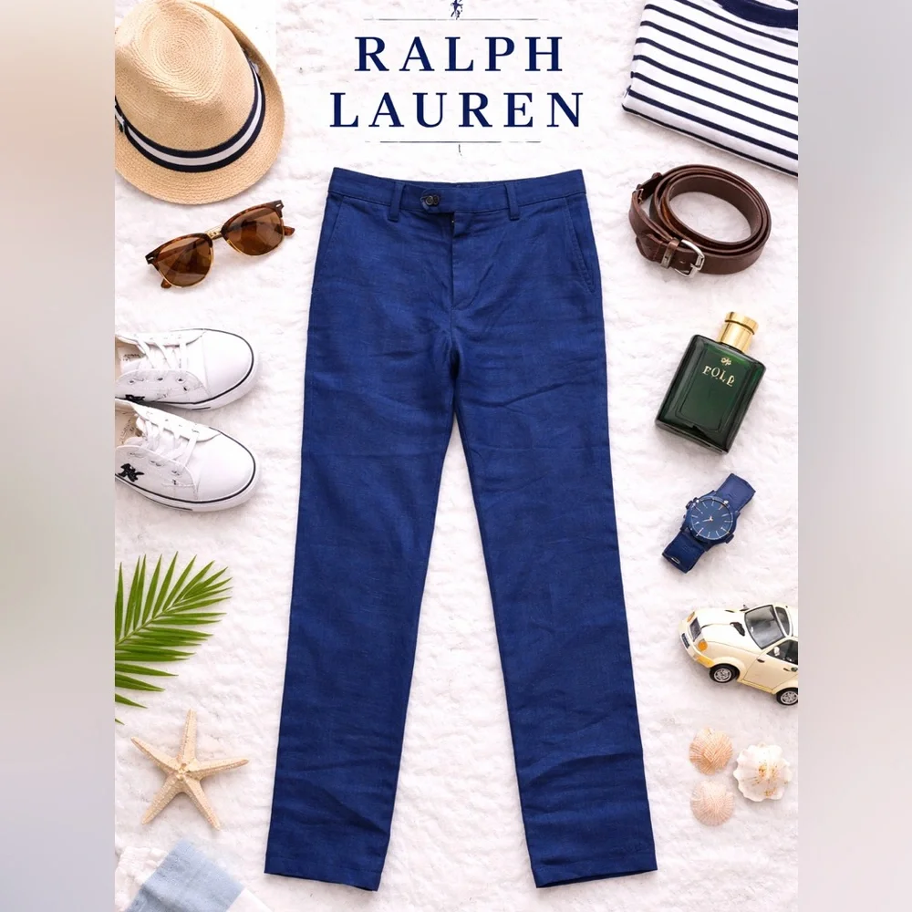 Ralph Lauren Boys Bright Navy Linen Chino Pants | Size 12R